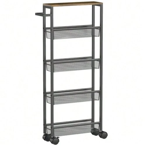 Kitchen Trolley/Serving Trolley With 5 Shelves, Rolling Kitchen Rack With Countertop, Wheels And Handle, 47 X 13 X 96.5 Cm, Black - Black - View 1