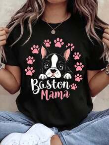 ropa de mujer Camiseta de cuello redondo para mujer con estampado de pata de perro Boston Terrier y texto Boston Mama, manga corta, ropa casual para amantes de los perros, para actividades al aire libre y la vida diaria, camisas de mujer - Negro - Ver 6