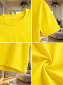 2 piezas Camiseta de manga corta y cuello redondo holgada y corta para mujer, adecuada para uso en primavera/verano, estilo casual/minimalista/elegante/sexy/streetwear/Y2K, apta para oficina/hogar/calle y diversas ocasiones - Amarillo - Ver 8