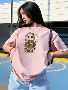 Vintage And Fantasy Style Short Sleeve T-Shirt, Fashionable Short Sleeve T-Shirt For Spring And Summer 2026, Made In Mexico, 180 Grams. Cartoon Print, Couple Design, Suitable For Indoor Or Outdoor Wear. Crew Neck, Unisex, Ideal For Office And Leisure. One-Piece Pack. - PK-P631577SLNDXZGY504 - 查看 3