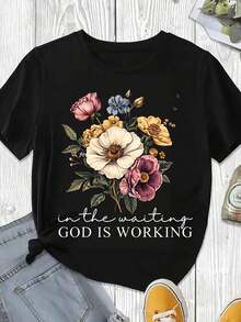 Women's T-Shirt With Easter Bouquet Floral Print And Inspirational Phrase: "In Hope God Acts", White, Spring Summer Casual Clothing - 黑色 - 查看 3