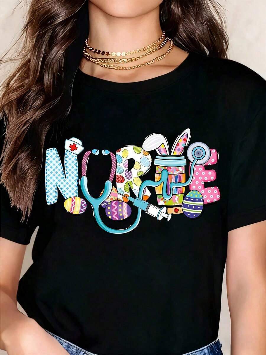 Vintage White T-Shirt With Stethoscope, Easter Egg And Medical Accessories Print For Nurses And Healthcare Workers Celebrating Easter. - 黑色 - 查看 1