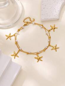 1 chiếc vòng chân hai lớp hình sao biển và ngọc trai bằng thép không gỉ mạ vàng 18K, phụ kiện đi biển mùa hè, quà tặng hàng ngày cho phụ nữ - Vàng - Xem 5