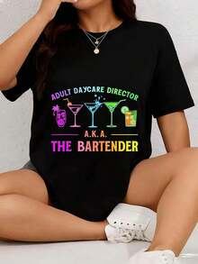 Camiseta de manga corta para mujer, estampado gráfico con temática de cocteles y humor de barman, top básico informal para todas las estaciones del año, ropa de verano. - Negro - Ver 7