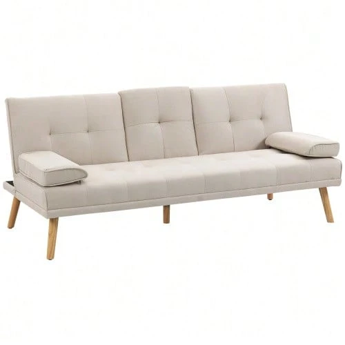 3-Seater Sofa Bed With Folding Table, Linen-Look Fabric Sofa, Scandinavian Design, Load Capacity Up To 250 Kg, For Living Room. - Beige - View 1
