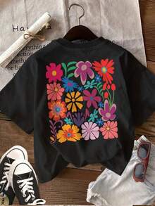 Short-Sleeved T-Shirt With Graphic Print And Round Neck, Casual Summer And Spring Top, Women's Clothing - Urban Vintage Style, Unisex Loose-Fitting Cotton Short-Sleeved T-Shirt With Round Neck, Blouses For Women. Casual Blouses For Ladies. - 黑色 - 查看 1