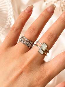 Bộ 2 chiếc nhẫn hở bằng đồng, kiểu dáng thanh lịch, đính đá Cubic Zirconia, hình học, có thể điều chỉnh kích thước, dành cho nữ, thích hợp dự tiệc. - Bạc - Xem 4