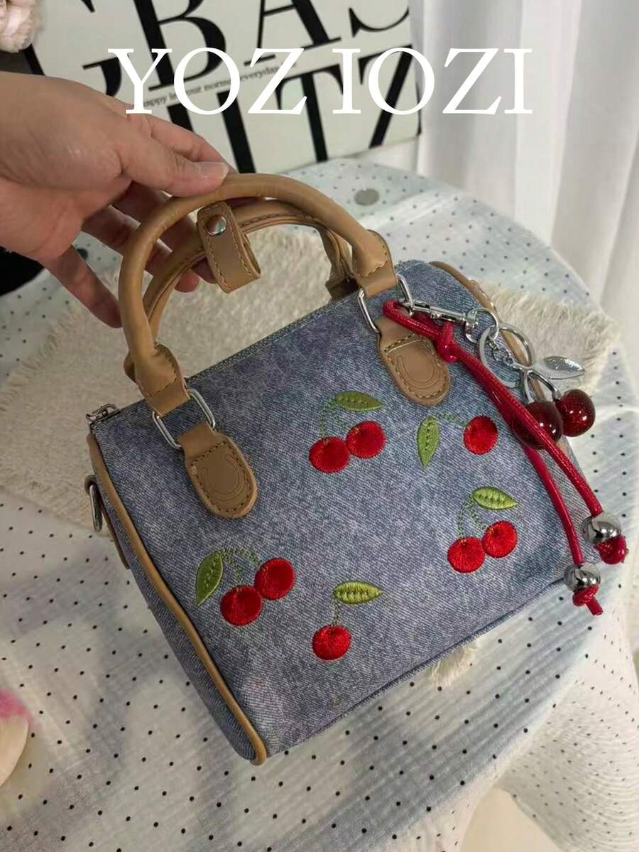 復古荔枝紋手提保齡球包,秋冬百搭時尚女款通勤斜挎枕頭包 - 霧霾藍 - 查看 1