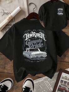 Auto clásico Lowrider con tipografía vintage que simboliza orgullo urbano y espíritu libre acompañado de detalles gráficos retro que evocan potencia y personalidad camiseta de mujer de doble cara casual - Negro - Ver 8