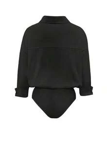 Body de manga larga y unicolor elegante para mujer - Negro - Ver 2