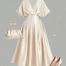 MOD Plus Size Solid Color V-Neck Ruched Waist Elegant Satin Dress Summer Dress Wedding Guest Dress For Women Birthday Dresses For Women Elegant Dresses For Women Elegant Commuter Dress Satin Midi Dress Elegant Midi Dress Champagne Women Dresses Tea Length Dress Silk Dresses,Valentine's Day Dress Satin Evening Gown Pleated Champagne Dress V-Neck Satin Gown Champagne Elegant Dress Long Formal Dress - Albaricoque - Ver 7