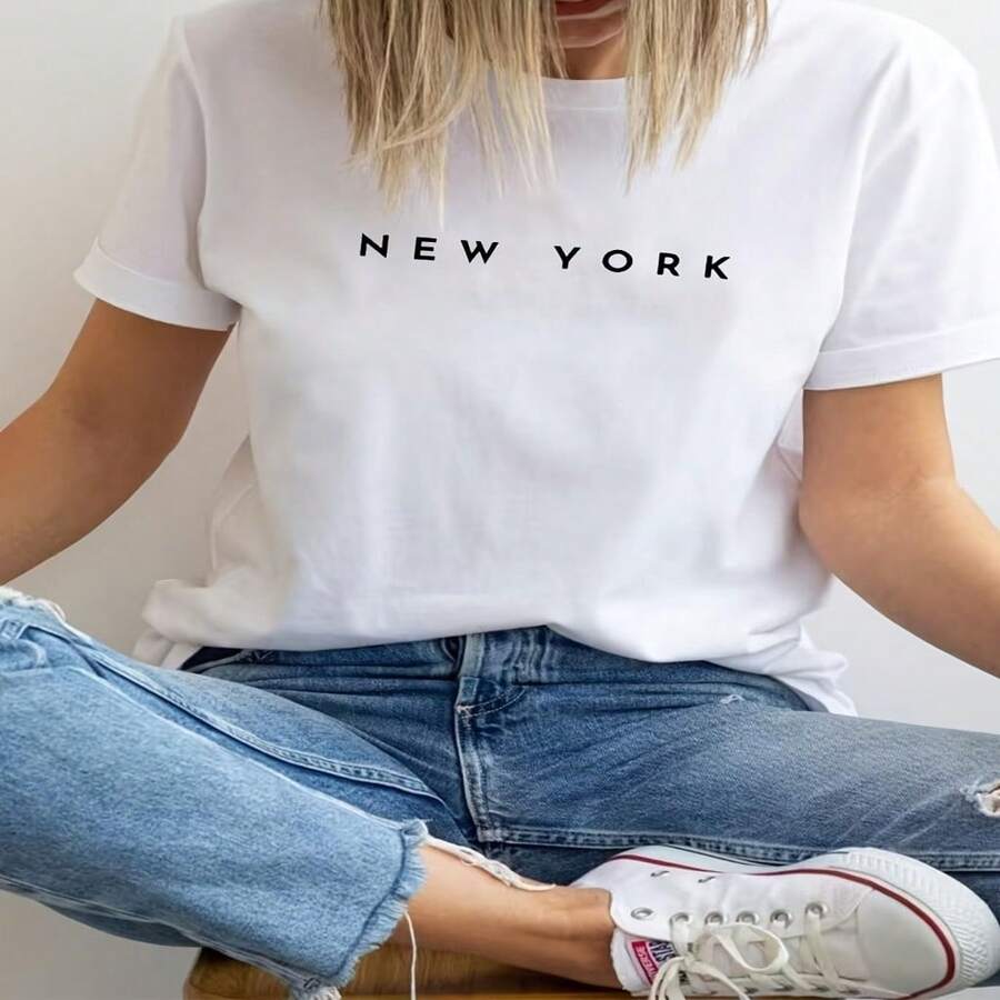 Women's Casual Cotton Round Neck Short Sleeve T-Shirt with New York Print - Blanco - Ver 1