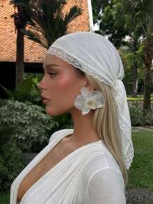 1pc Women's Elegant Solid Color Square Lace Trim Headscarf, Multifunctional As Headscarf, Shawl, Headband And Hair Accessory, Suitable For Use In Mosques, Lightweight For Summer, Fashion Casual Accessory - White Delicate Lace Trim - View 6