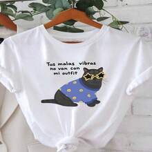 Women's Cute Cat Print Short Sleeve T-Shirt Casual Round Neck Cotton Regular Top with Spanish Slogan for Everyday Wear - Blanco - Ver 1
