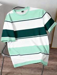 Camiseta casual minimalista de rayas azules para hombres, adecuada para la escuela, salidas, simple y versátil, estilo de verano - Azul - Ver 1