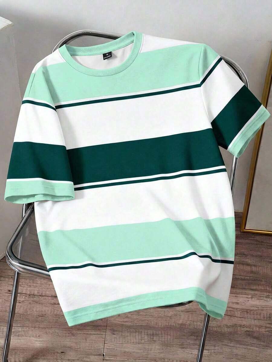 Camiseta casual minimalista de rayas azules para hombres, adecuada para la escuela, salidas, simple y versátil, estilo de verano - Azul - Ver 1