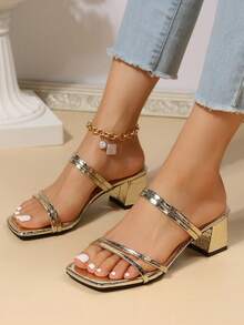 Women's Summer Slippers, New Fashionable Versatile Chunky Heel Retro French Style High Heel Sandals, Suitable For Commuting, Shopping, And Daily Wear - Gold - View 1