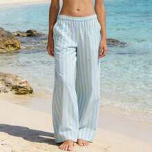 Pantalones Anchos de Mujer a Rayas con Bloque de Color, Cintura Elástica, Largo Completo, Ligeros de Verano con Bolsillos, Delgados y Fluidos para Uso Diario y Vacaciones - Azul - Ver 5