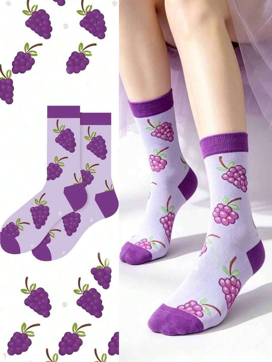 1 đôi tất nữ cổ cao họa tiết nho, kiểu dáng trái cây dễ thương, đa năng, thích hợp mặc hàng ngày. - Nhiều màu - Xem 1