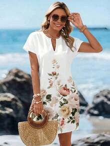 Vestido corto minimalista casual con cuello en V, adecuado para primavera y verano, ropa de verano para mujer, a rayas de colores, ropa de resort para mujer - Multicolor 7 - Ver 7