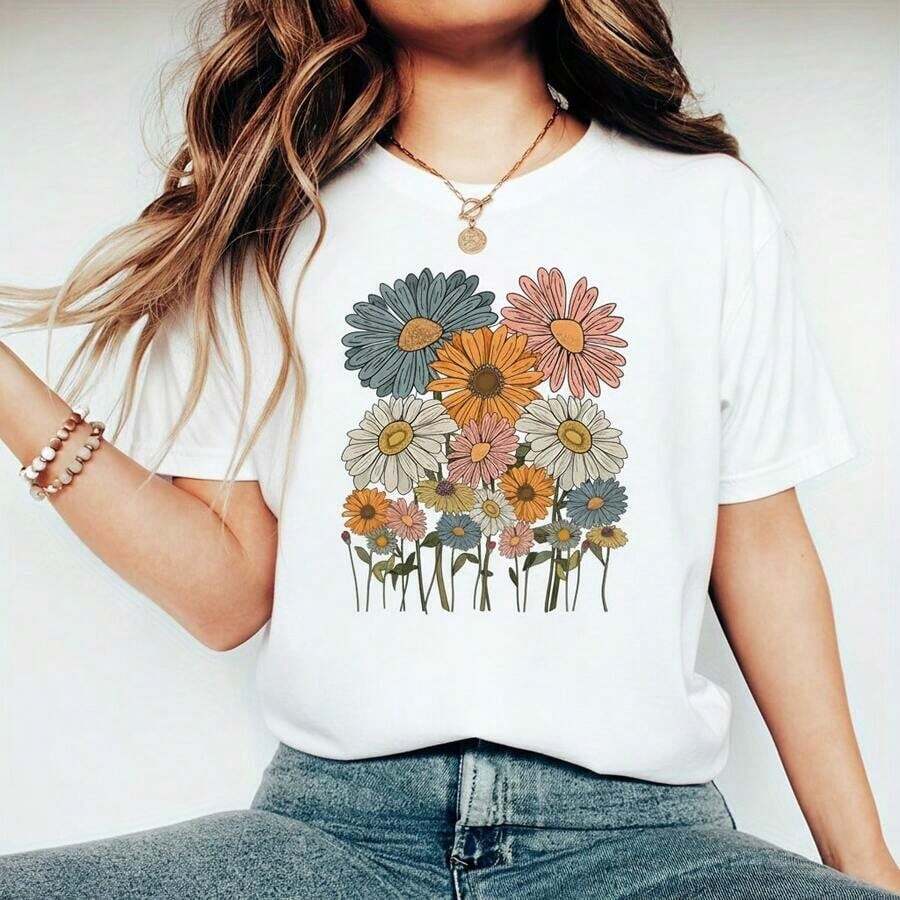 Camiseta de algodón para mujer, tallas 0XL-5XL, negra, de manga corta y cuello redondo, con estampado de margaritas coloridas, camiseta gráfica de corte holgado informal para el verano, camiseta casual con estampado floral, camiseta básica de algodón cómoda para mujer. - Blanco - Ver 1