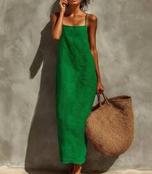 Women's Linen Blend Slip Maxi Dress, Square Neck Sleeveless Casual Dress For Beach & Vacation - 紅色 - 查看 9