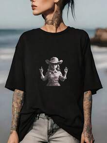 Una camiseta de manga corta para mujer, moderna, a la moda, retro, holgada, suave y cómoda, adecuada para actividades al aire libre en primavera y verano, camiseta con estampado de mezclilla de 180 gramos: el regalo perfecto para amigos y familiares, camiseta con temática de mezclilla para la temporada de vacaciones, adecuada para actividades de team building y de equipo, top casual estampado para mujer.blusas para mujer,blusas casuales para dama,tops,, mujer premium,y2k,playeras de mujer curvy,ofertas y liquidaciones ropa mujer,playeras deportivas para mujer,,playeras de hombre, mujer,blusas>elegante 63II - Negro - Ver 1
