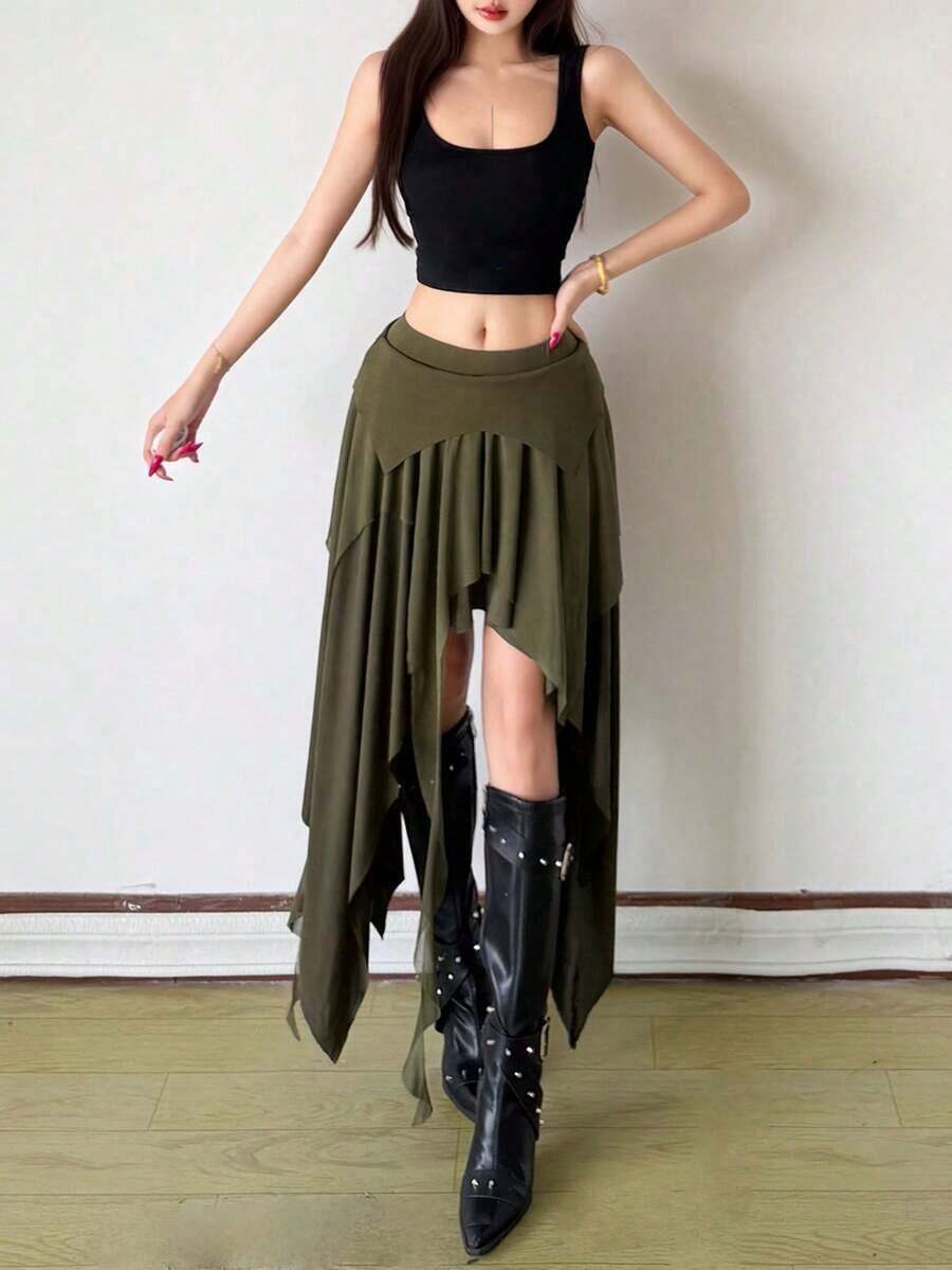 Falda ajustada de cintura alta asimétrica y con abertura sexy - Verde Oscuro - Ver 1