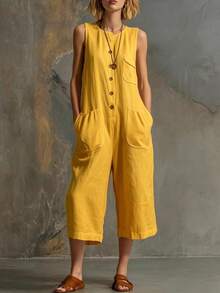 New Spring-Summer Jumpsuit For Women, Retro Casual Style, Sleeveless, White, Linen And Cotton, 3/4 Wide Leg, Flattering Design, Perfect For Daytime Looks, Walks And Holidays - 黃色 - 查看 8