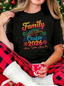 Camiseta Temática de Crucero Familiar 2026 para Mujer - Manga Corta, Cuello Redondo, Estampado de Barco de Crucero y Palmeras, Conjuntos a Juego para Vacaciones, Fiestas y Nochevieja (, Lavable a Máquina) - Ropa de Crucero para Primavera y Verano - Negro - Ver 5