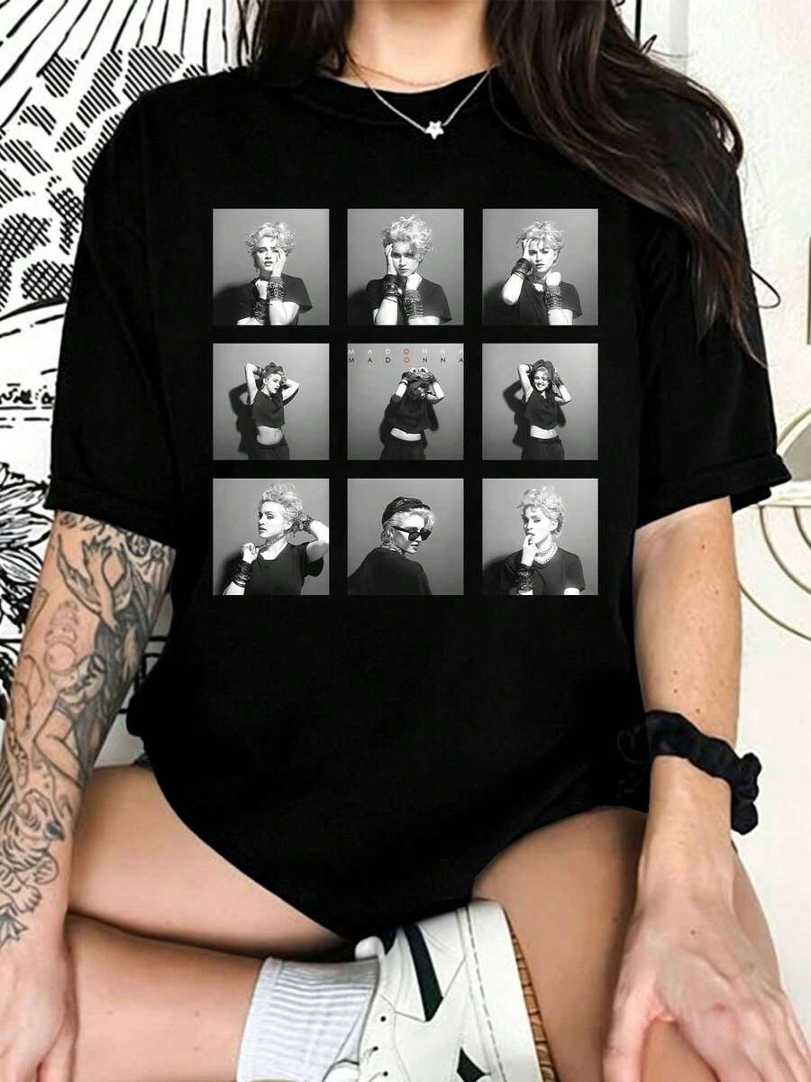 Vintage Black And White Madonnas 9-Photo Grid T-Shirt, Collage Of 80s Pop Icons - Black - View 1