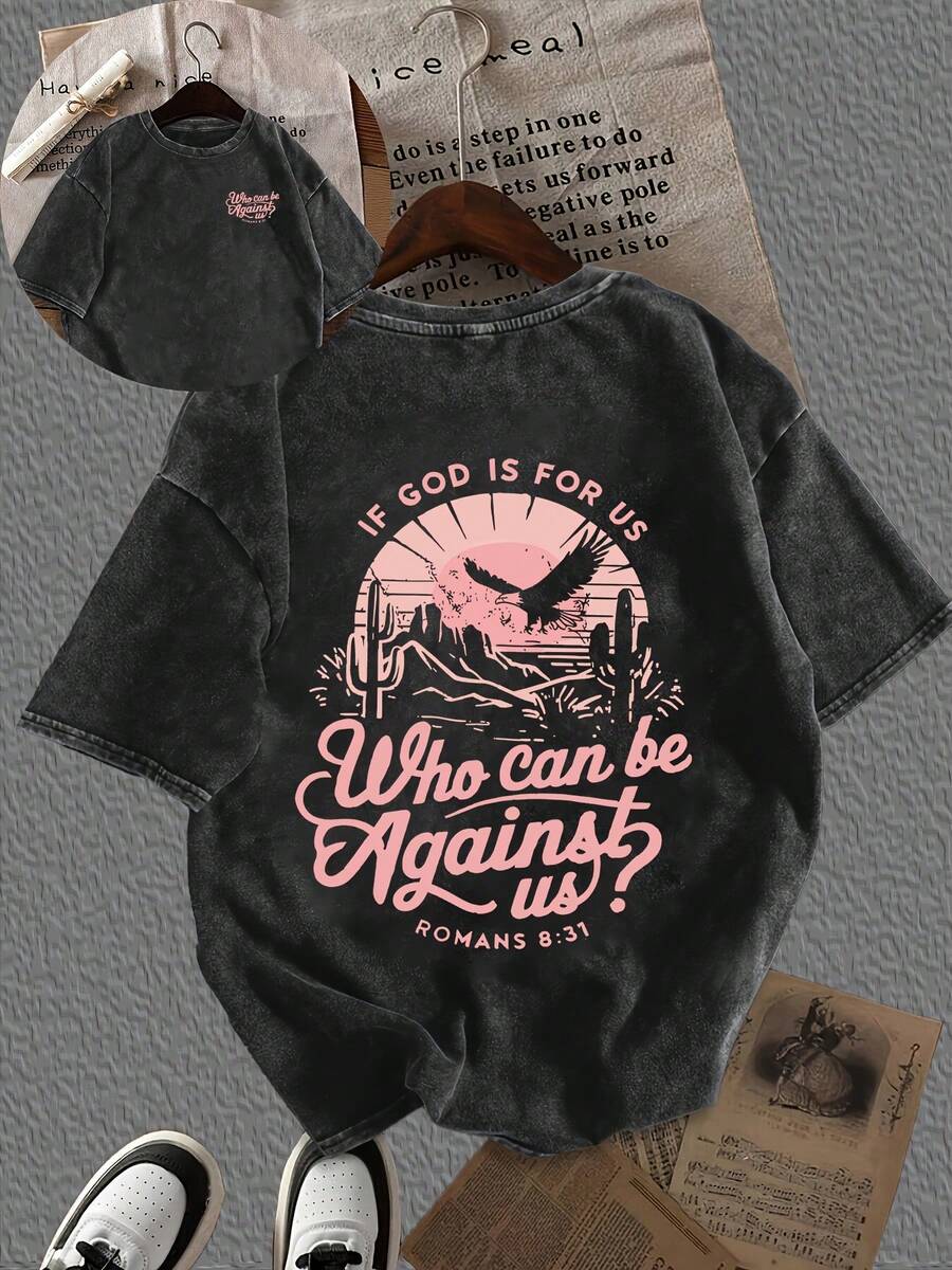 Casual Everyday T-Shirt With Roman Pattern Print, Round Neck And Short Sleeves, Washed - Black - View 1