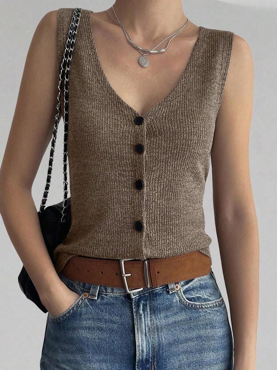 Chaqueta de mujer sin mangas con cuello en V, ajustada, de estilo casual de calle - Caqui - Ver 1