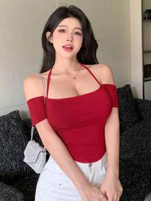 Camiseta de manga corta ajustada con cuello halter para mujeres para ir de fiesta, Tops cortos de verano para mujeres - Rojo - Ver 3