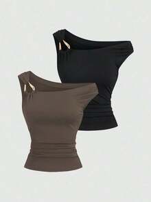 Set de 2 camisetas ajustadas con cuello asimétrico, versátil top casual, primavera/verano - Multicolor 15 - Ver 8