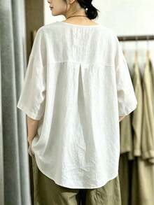 Cárdigan de manga corta con cuello en V y hombros caídos de unicolor, camisa de verano - Blanco - Ver 3