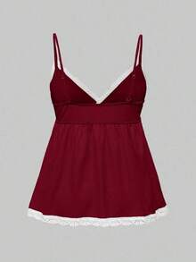 Conjunto de pijama casual de camiseta de tirantes acanalada y shorts con encaje - Burdeos - Ver 6