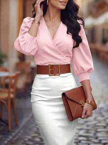 Blusa corta de mujer con cuello en V, manga de pétalo con lunares, cintura ceñida, nueva para primavera/verano - Rosa - Ver 4