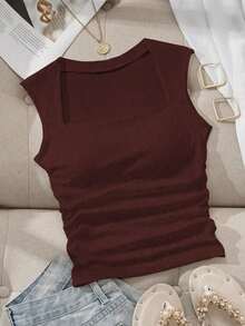 Camiseta sin tirantes con cuello cuadrado, cintura fruncida y sujetador acolchado sin aros - Marrón Chocolate - Ver 7