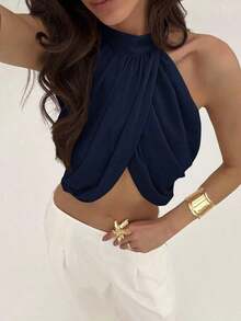 Blusa elegante y sexy para mujer con cuello cruzado, fruncido en la espalda y botones, de estilo casual y de vacaciones, de gasa - Azul marino - Ver 7