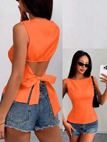 Camisa sin mangas con lazo en la espalda de unicolor, elegante, casual, sexy y minimalista para uso en la oficina y negocios para mujeres, primavera/verano - Naranja Quemada - Ver 1