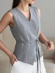 Camiseta de tirantes de diseño minimalista y unicolor para mujer - Gris - Ver 5