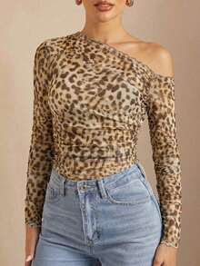 Camiseta Ajustada De Malla Transparente Con Cuello Asimétrico Y Fruncido Para Mujer - Marrón - Ver 6
