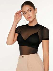 Top transparente de malla sin sujetador - Negro - Ver 6