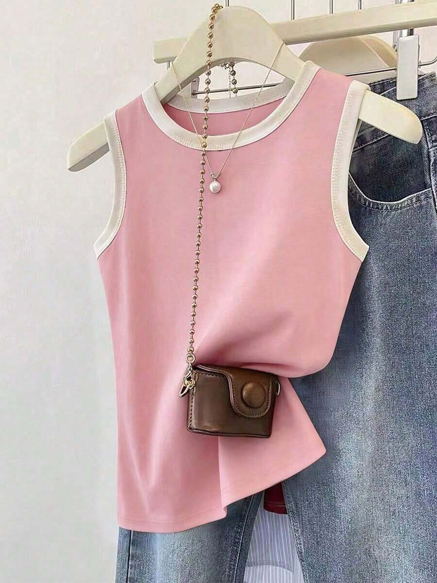 Top de camisola roja con ribetes contrastantes para mujer - Rosa - Ver 1