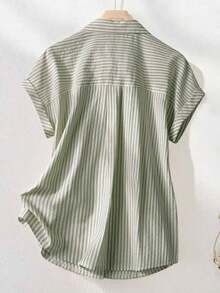 Camisa de manga corta a rayas vintage, de moda para ir al trabajo en verano - Verde militar - Ver 2