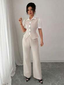 Conjunto de 2 piezas de camisa a rayas azul y blanco + pantalones elegante para ir al trabajo y de vacaciones para mujeres - Beis - Ver 4