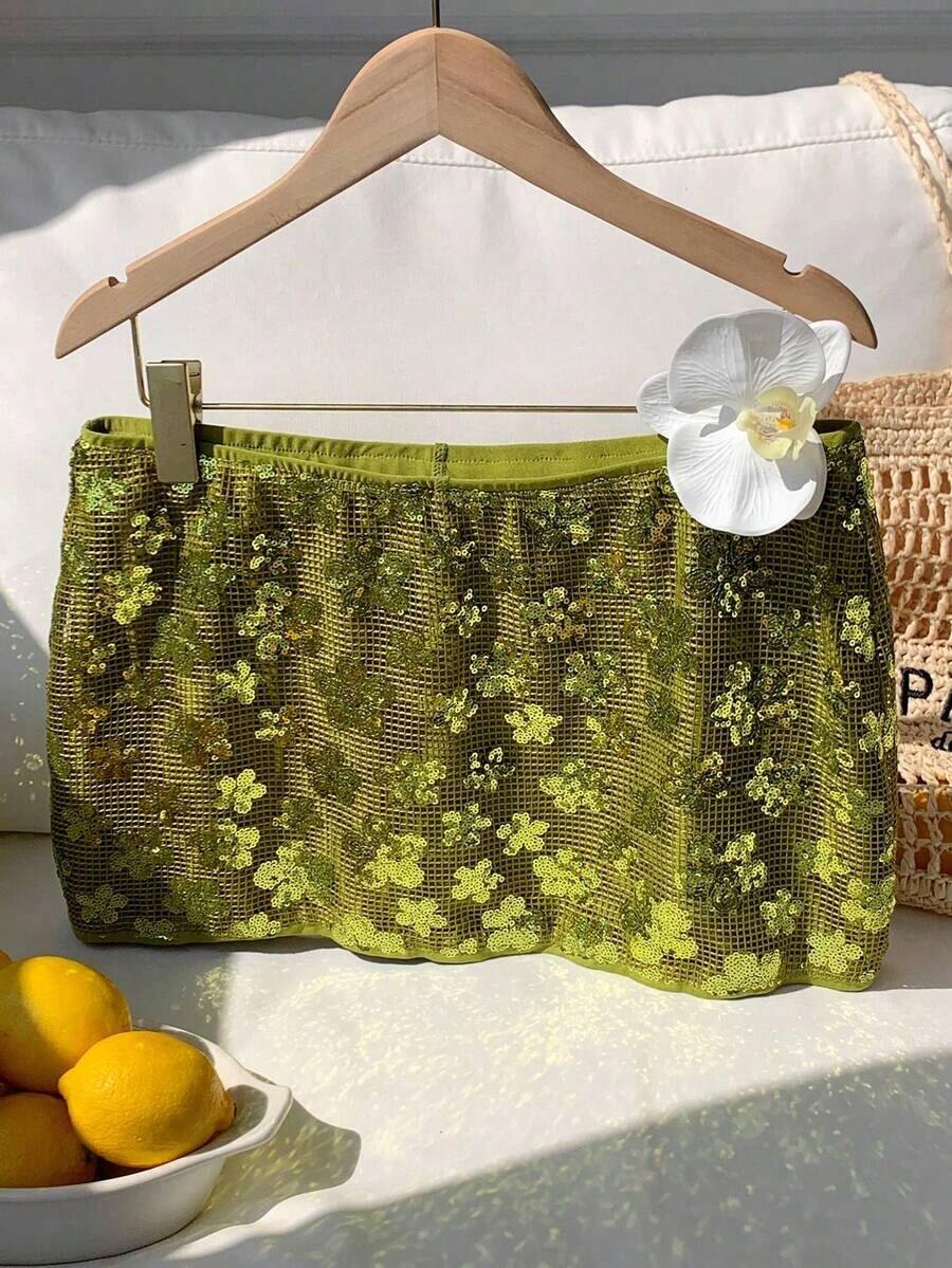 Falda corta de verano informal para mujer con cintura baja de unicolor - Albaricoque - Ver 1