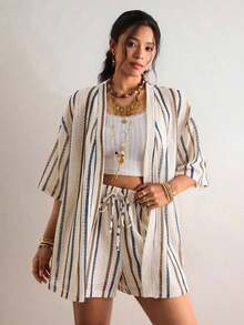 VCAY Conjunto de 2 piezas de camisa y shorts a rayas azules y blancas para mujer de talla grande, ropa de verano para vacaciones en la piscina, estilo boho chic, ropa de mujer, conjuntos para brunch, ropa para el aeropuerto, ropa para vacaciones en la playa, ropa para escapadas urbanas, ropa de vacaciones, ropa occidental para mujer, ropa occidental para mujer, conjuntos de verano europeos para vacaciones en la isla, conjuntos para luna de miel, conjuntos de estilo Old Money South Beach, conjuntos de la  de Amalfi, conjuntos de encaje, top de encaje. - Beis - Ver 4