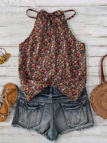 Parte superior informal de mujer con estampado floral diminuto, con espalda descubierta y lazo en el cuello, para verano - Crop tops para mujeres, ropa occidental para mujeres, tops lindos para salir, tops bohemios lindos de verano para m - Multicolor 3 - Ver 2